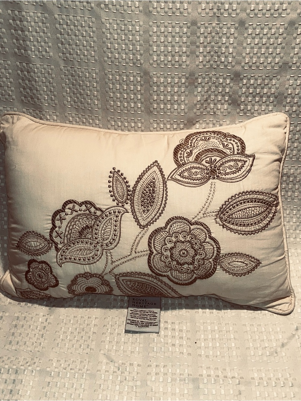 Royal Heritage Home Embroidered Floral Paisley Accent Pillow Cream Brown 16”